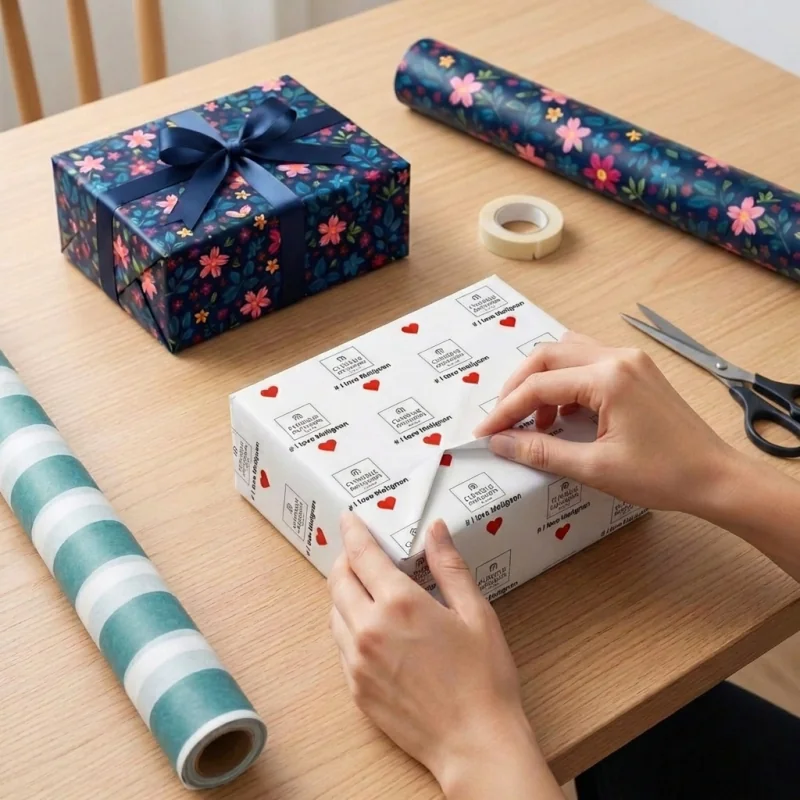 Packaging completo con pochette in carta, nastro e carta regalo personalizzata